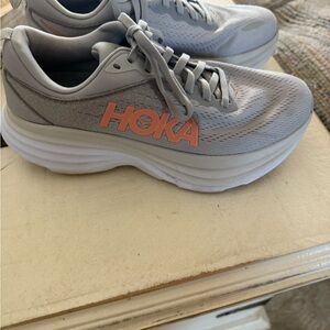 Hoka One One Gray and Pink Bondi 8 Sneakers